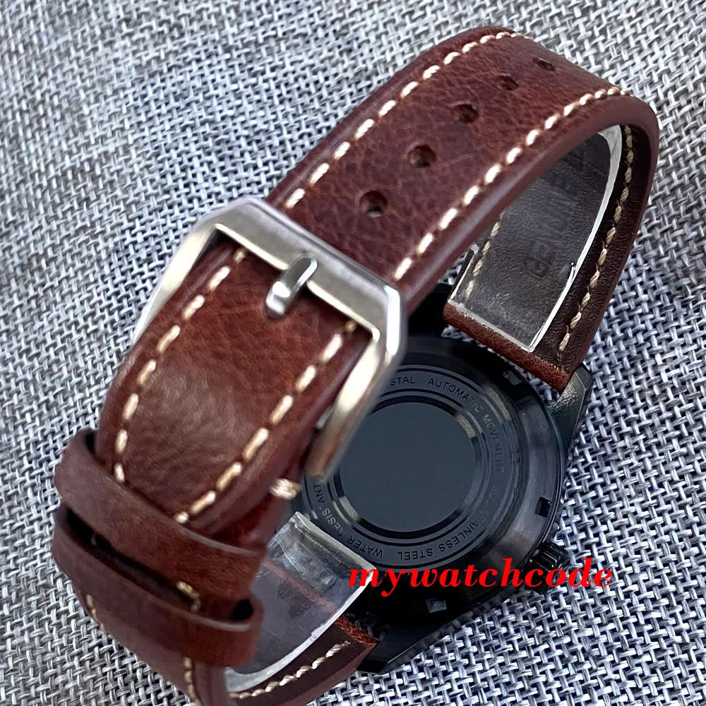 Tandorio Black PVD NH35A PT5000 39mm Pilot Automatic Men Watches 200m Waterproof Sapphire Crystal Diver Clock Leather Band