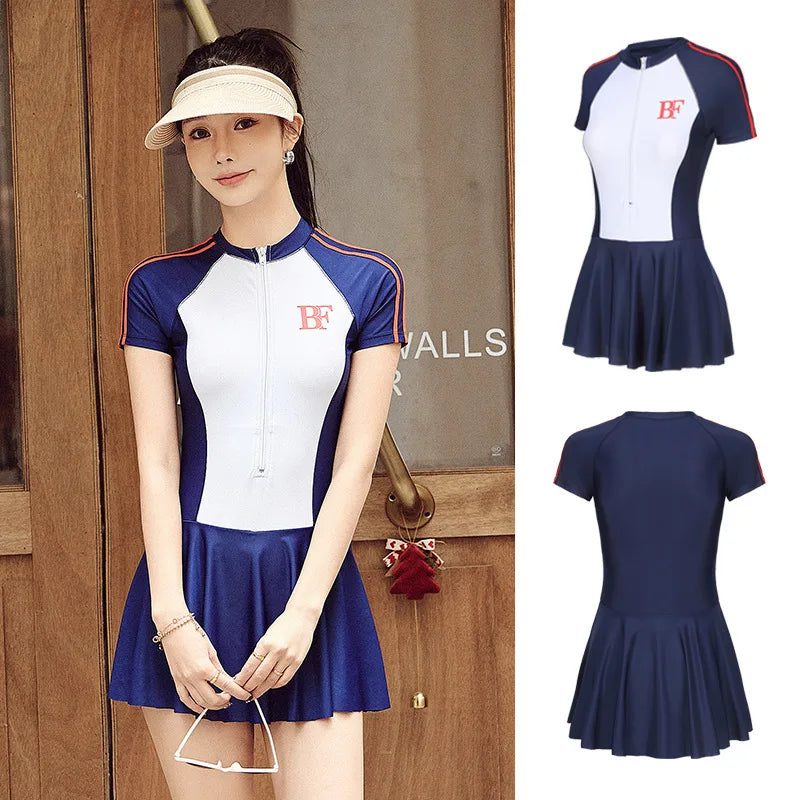 New Summer Women's One-Piece Sports Swimsuit Conservative Plus Size Short Sleeve Professional Swimwear for Hot Spring