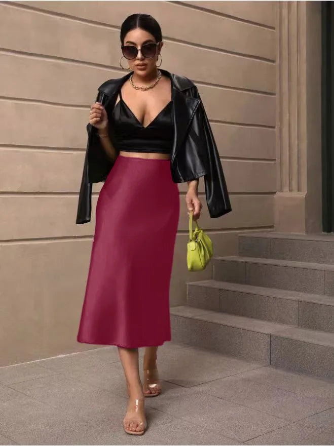2025 Summer Chic Office Satin Midi Skirt Women Fashion A-line Casual High Waist Elegant Long Skirt Chic Female Office Lady