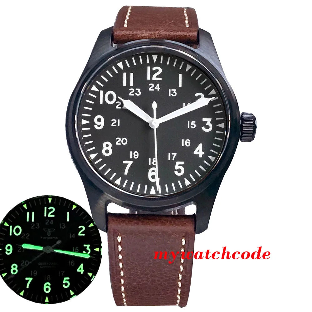 Tandorio Black PVD NH35A PT5000 39mm Pilot Automatic Men Watches 200m Waterproof Sapphire Crystal Diver Clock Leather Band