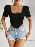 Fashion Women's Square Neck Puff Sleeve Corset-Style Crop Top, Slim Fit Short-Sleeve T-Shirt