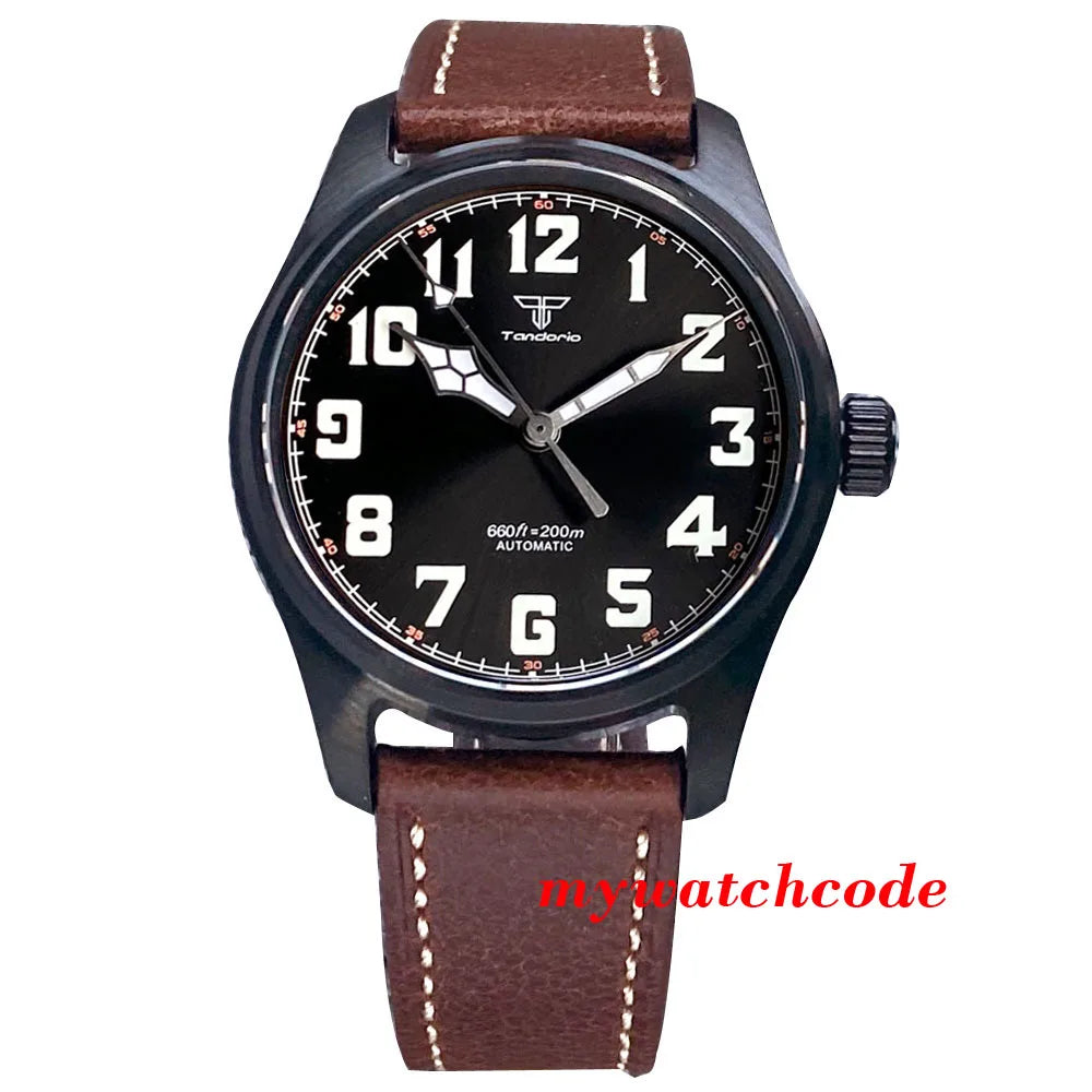 Tandorio Black PVD NH35A PT5000 39mm Pilot Automatic Men Watches 200m Waterproof Sapphire Crystal Diver Clock Leather Band
