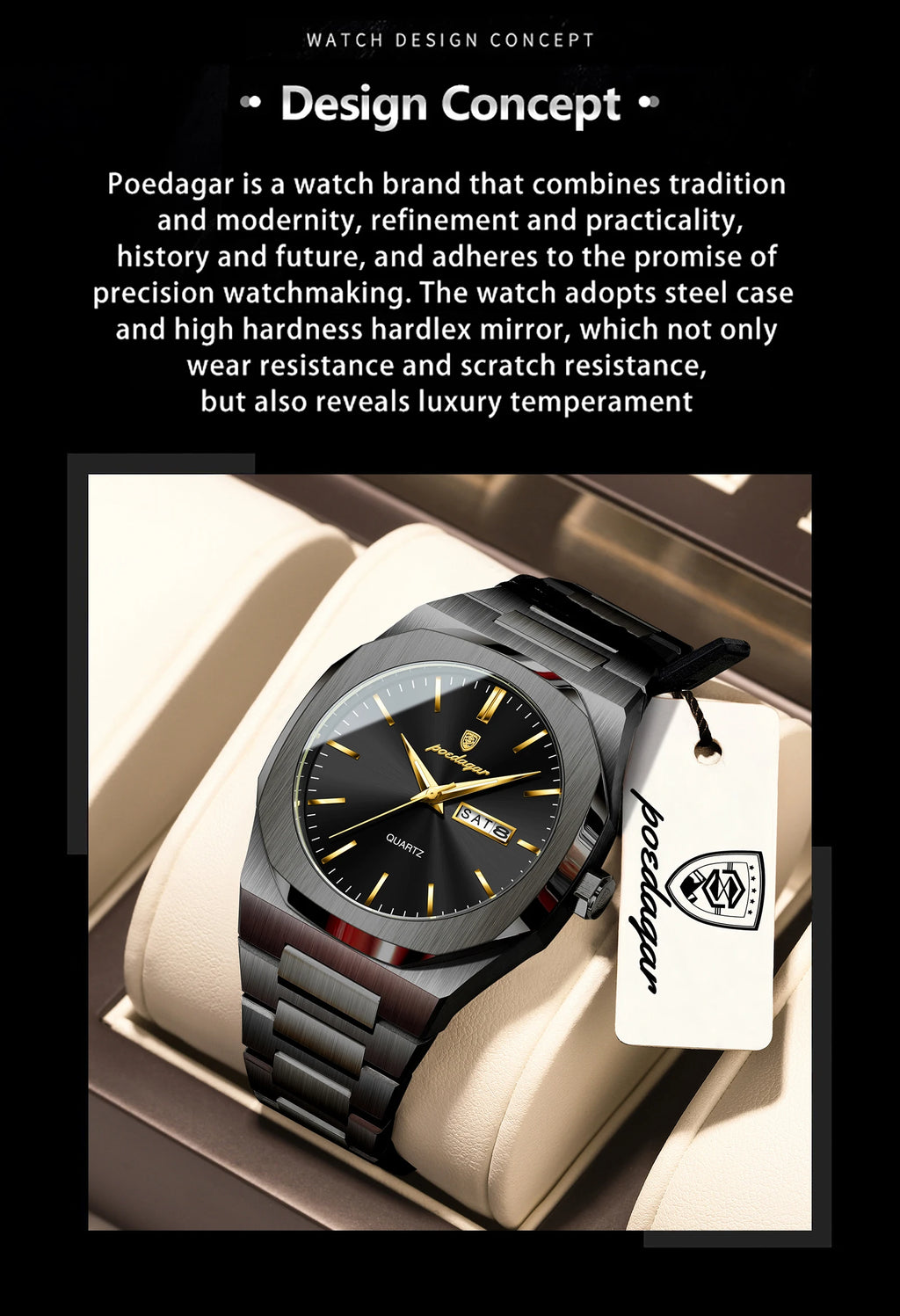 POEDAGAR Brand Fashion Male Watch Waterproof Luminous Stainless Steel Watches For Men Date Week Quartz Casual Men's Clock Reloj