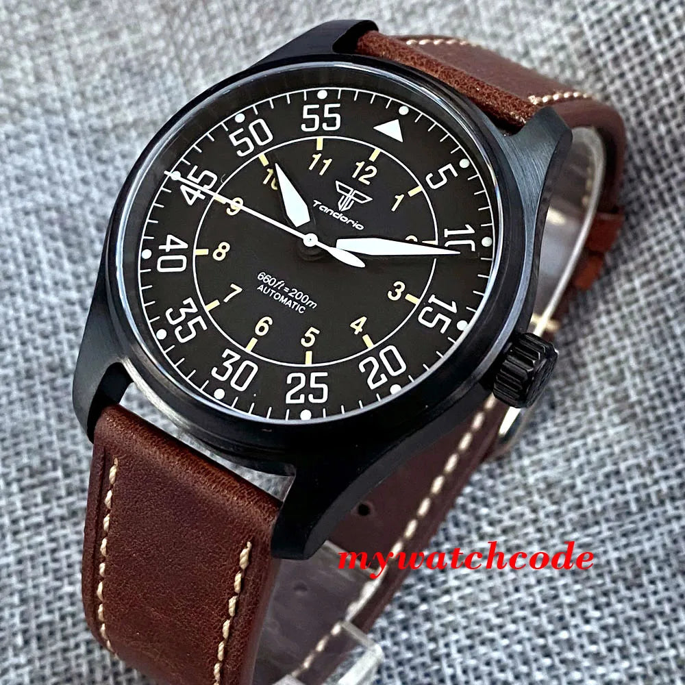 Tandorio Black PVD NH35A PT5000 39mm Pilot Automatic Men Watches 200m Waterproof Sapphire Crystal Diver Clock Leather Band