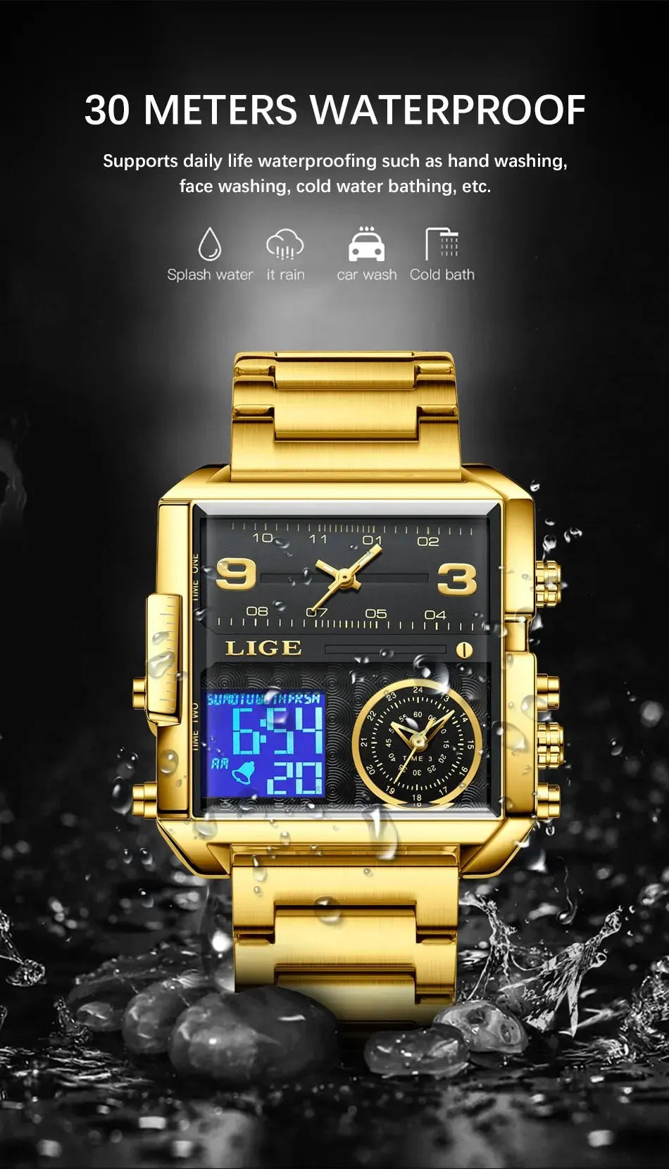 LIGE Luxury Original Men Sports Wrist Watch Gold Quartz Steel Waterproof Dual Display Clock Watches For Men Relogio Masculino