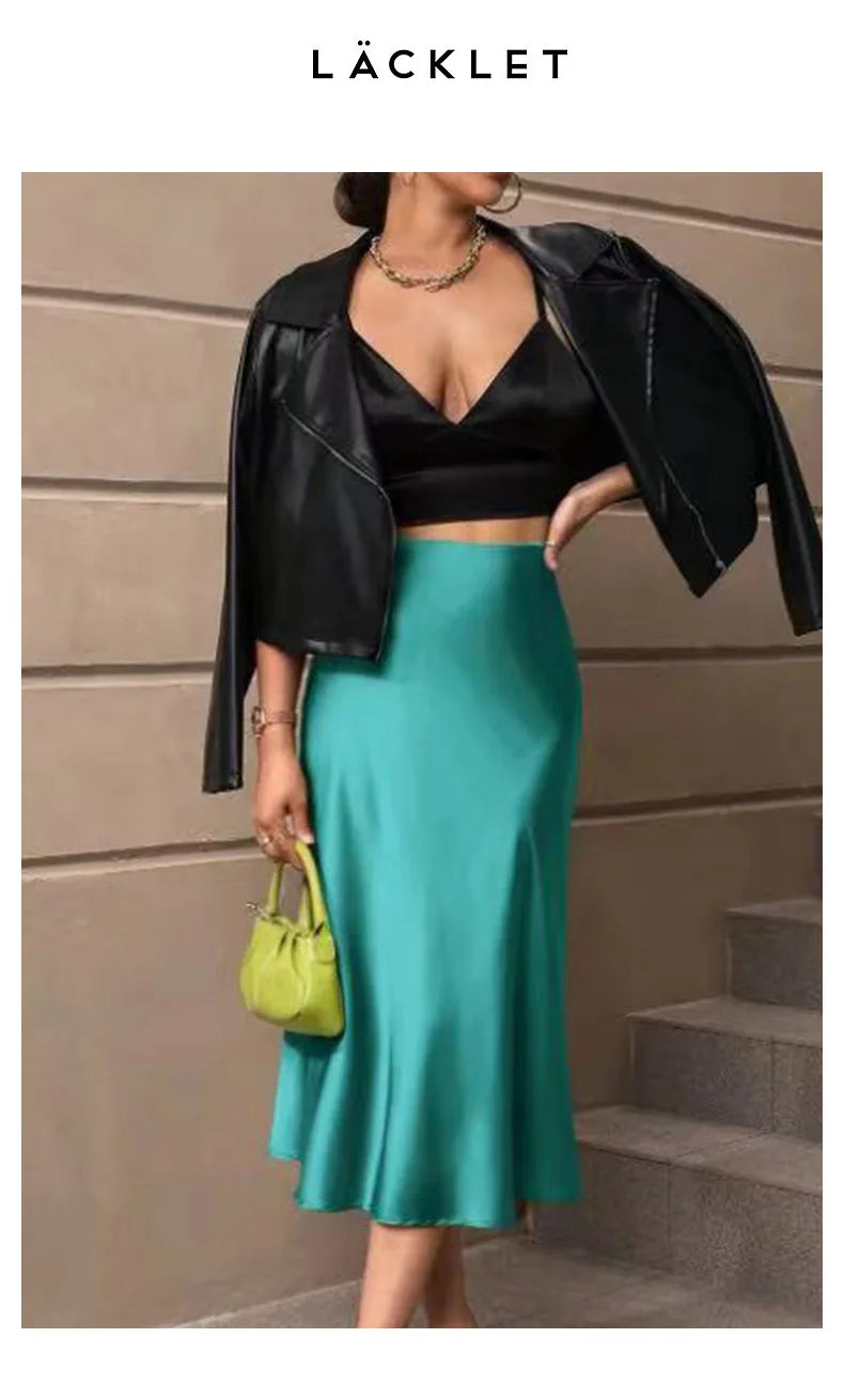 2025 Summer Chic Office Satin Midi Skirt Women Fashion A-line Casual High Waist Elegant Long Skirt Chic Female Office Lady