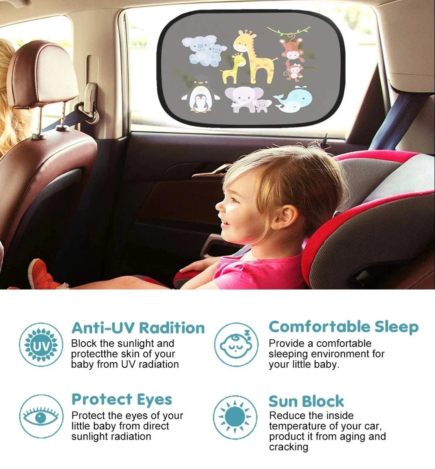 2Pcs Cartoon Car Side Window Sunshade Electrostatic Adsorption Black