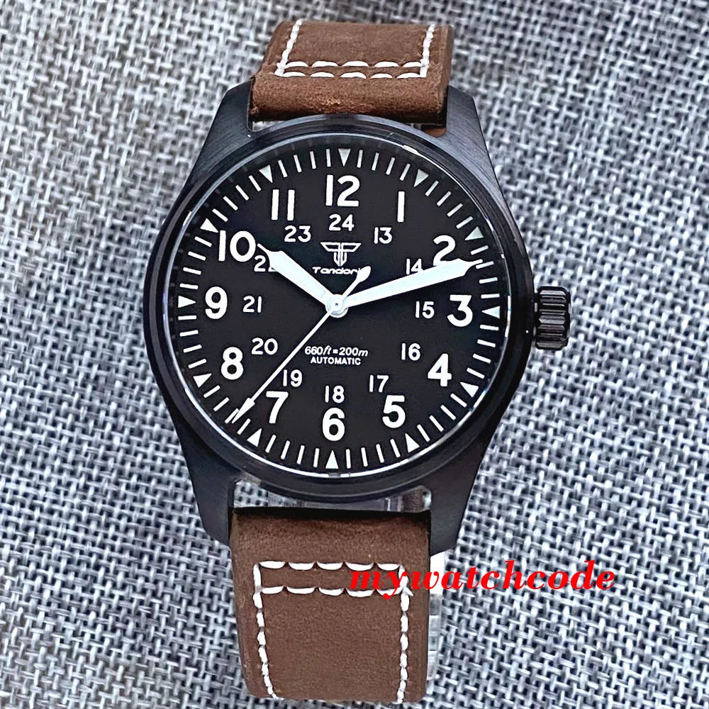 Tandorio Black PVD NH35A PT5000 39mm Pilot Automatic Men Watches 200m Waterproof Sapphire Crystal Diver Clock Leather Band