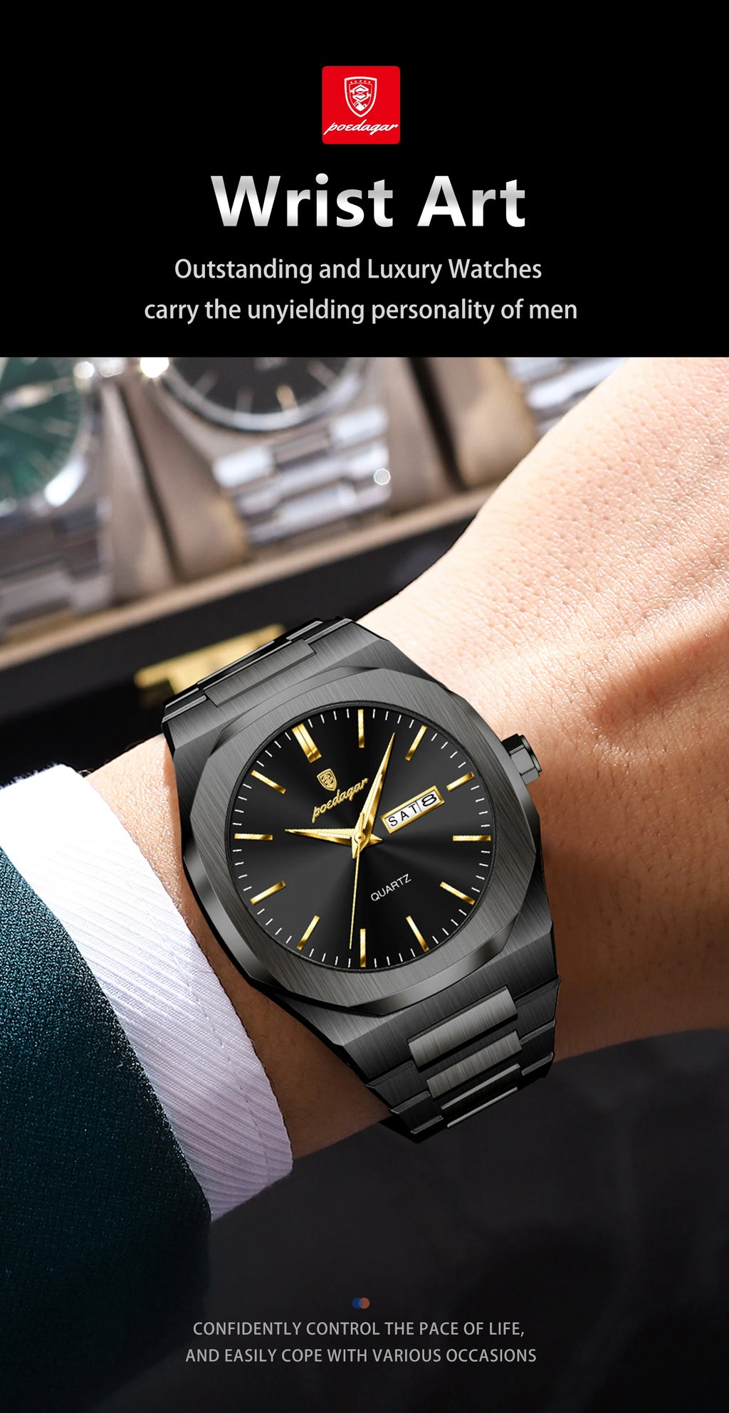 POEDAGAR Brand Fashion Male Watch Waterproof Luminous Stainless Steel Watches For Men Date Week Quartz Casual Men's Clock Reloj