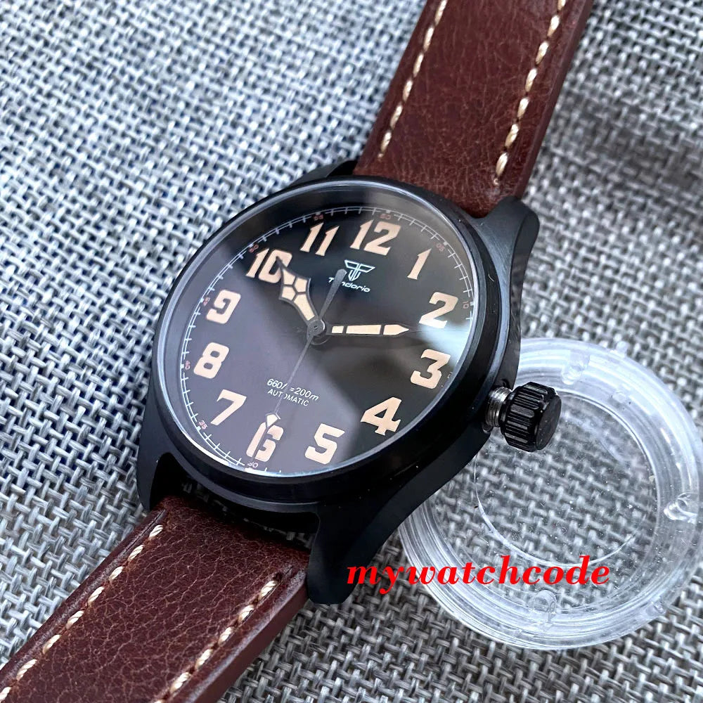 Tandorio Black PVD NH35A PT5000 39mm Pilot Automatic Men Watches 200m Waterproof Sapphire Crystal Diver Clock Leather Band