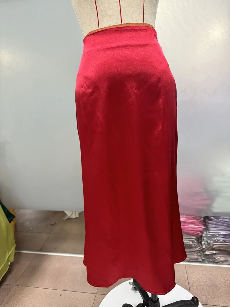 2025 Summer Chic Office Satin Midi Skirt Women Fashion A-line Casual High Waist Elegant Long Skirt Chic Female Office Lady