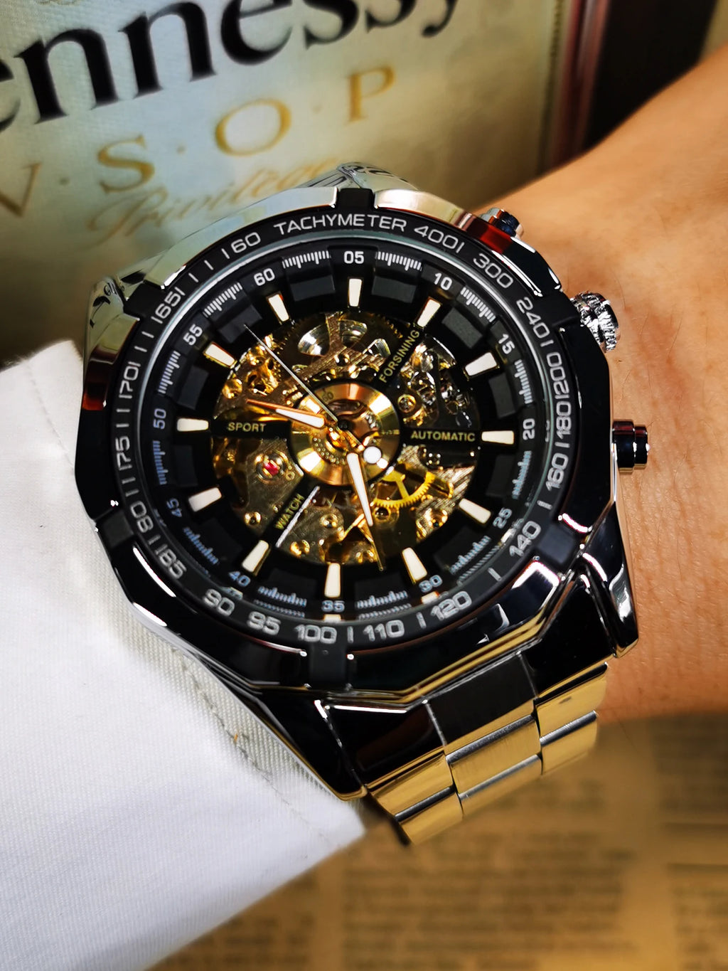 WINNER Classic Skeleton Watch for Men Luminous Hands Mechanical Watches Stainless Steel Strap Luxury Brand Forsining Wristwatch