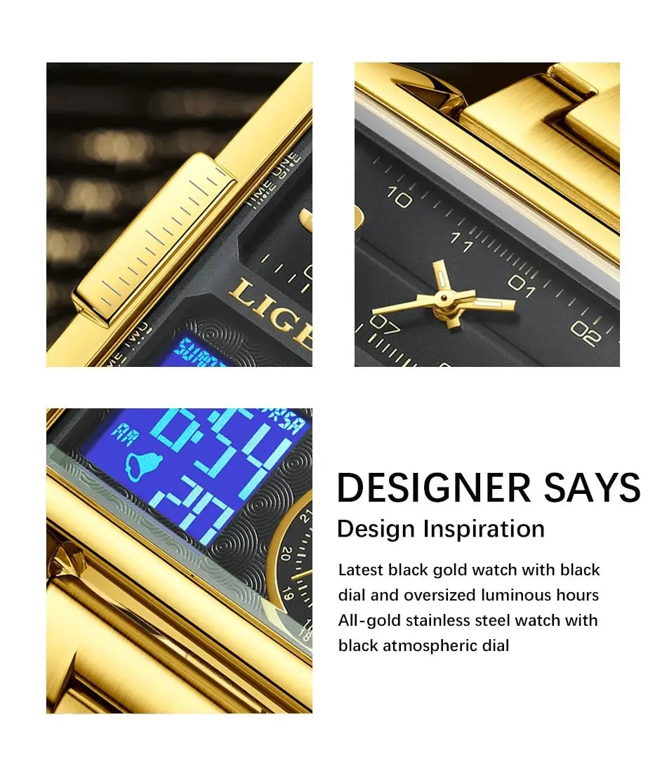 LIGE Luxury Original Men Sports Wrist Watch Gold Quartz Steel Waterproof Dual Display Clock Watches For Men Relogio Masculino