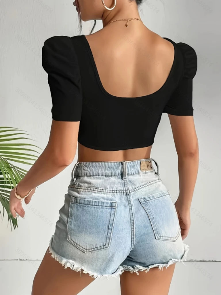 Fashion Women's Square Neck Puff Sleeve Corset-Style Crop Top, Slim Fit Short-Sleeve T-Shirt