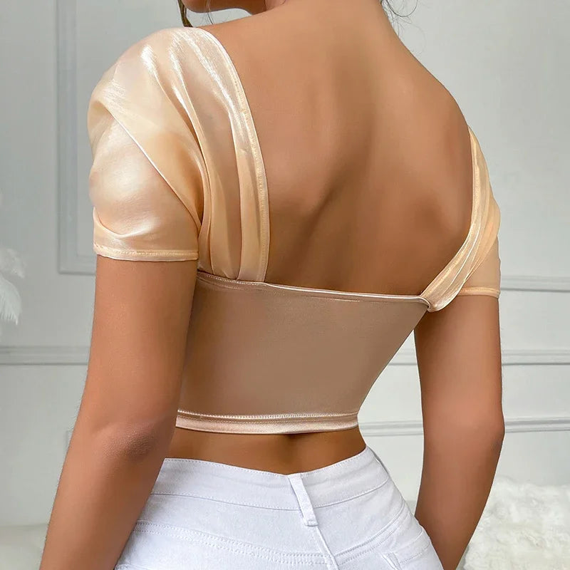 Trendy 2025 Women Short Sleeve Corset Elegant Chic Fashion Crop Top 2000s Korean Popular Clothes Y2k Aesthetic Female Tank Top