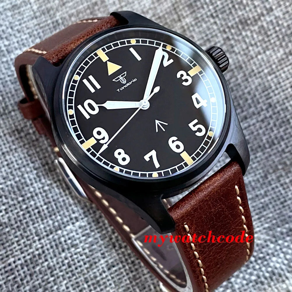 Tandorio Black PVD NH35A PT5000 39mm Pilot Automatic Men Watches 200m Waterproof Sapphire Crystal Diver Clock Leather Band