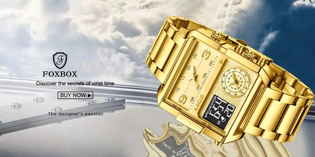 LIGE Luxury Original Men Sports Wrist Watch Gold Quartz Steel Waterproof Dual Display Clock Watches For Men Relogio Masculino