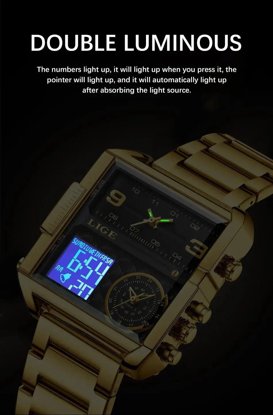 LIGE Luxury Original Men Sports Wrist Watch Gold Quartz Steel Waterproof Dual Display Clock Watches For Men Relogio Masculino