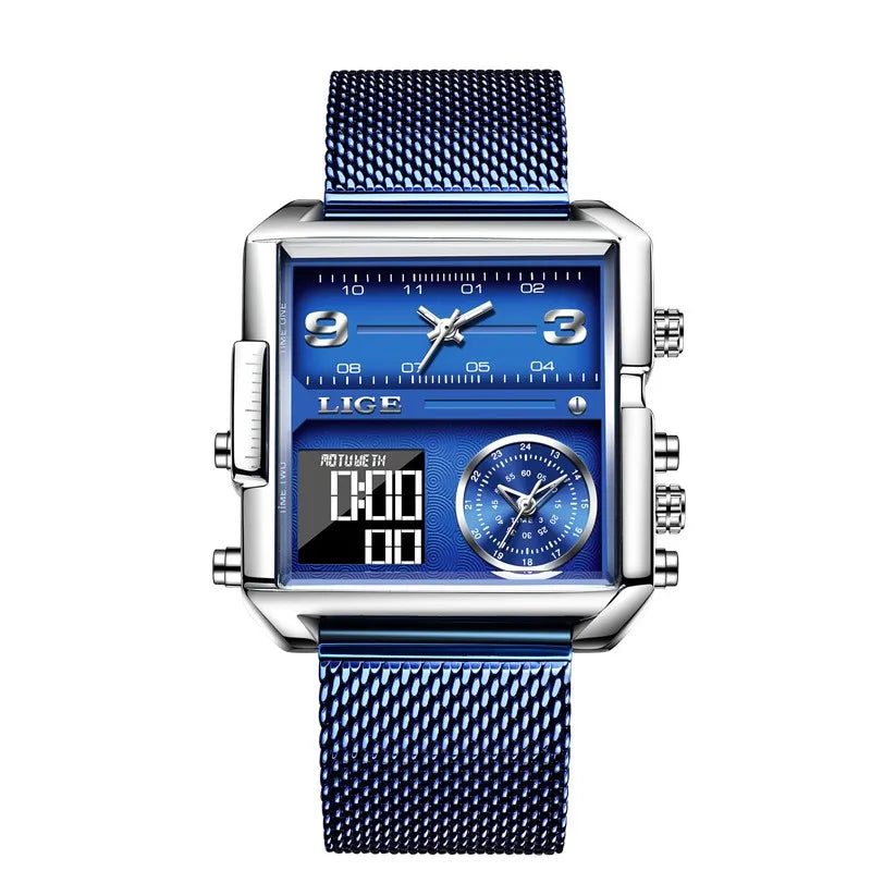 LIGE Luxury Original Men Sports Wrist Watch Gold Quartz Steel Waterproof Dual Display Clock Watches For Men Relogio Masculino