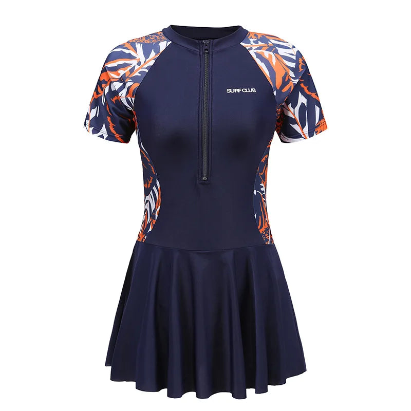 New Summer Women's One-Piece Sports Swimsuit Conservative Plus Size Short Sleeve Professional Swimwear for Hot Spring