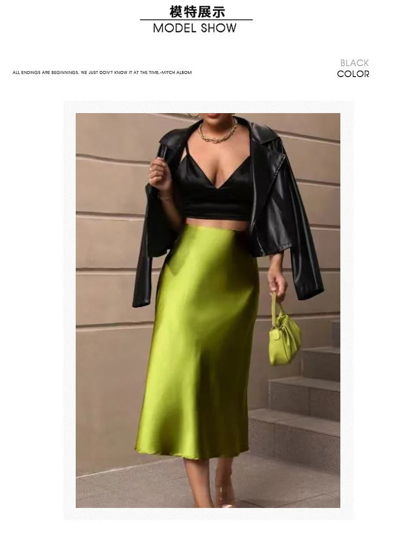 2025 Summer Chic Office Satin Midi Skirt Women Fashion A-line Casual High Waist Elegant Long Skirt Chic Female Office Lady