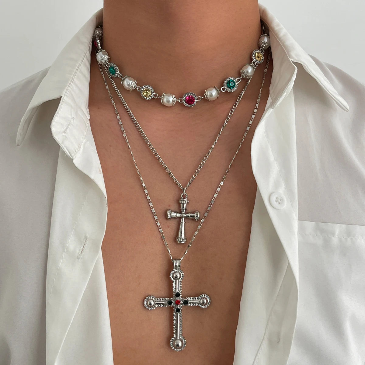 Ingemark 3Pcs/Set Colorful Acrylic Rhinestone Jesus Cross Pendant Necklace Men 2025 New Creative Hip Hop Unisex Y2K Jewelry Gift