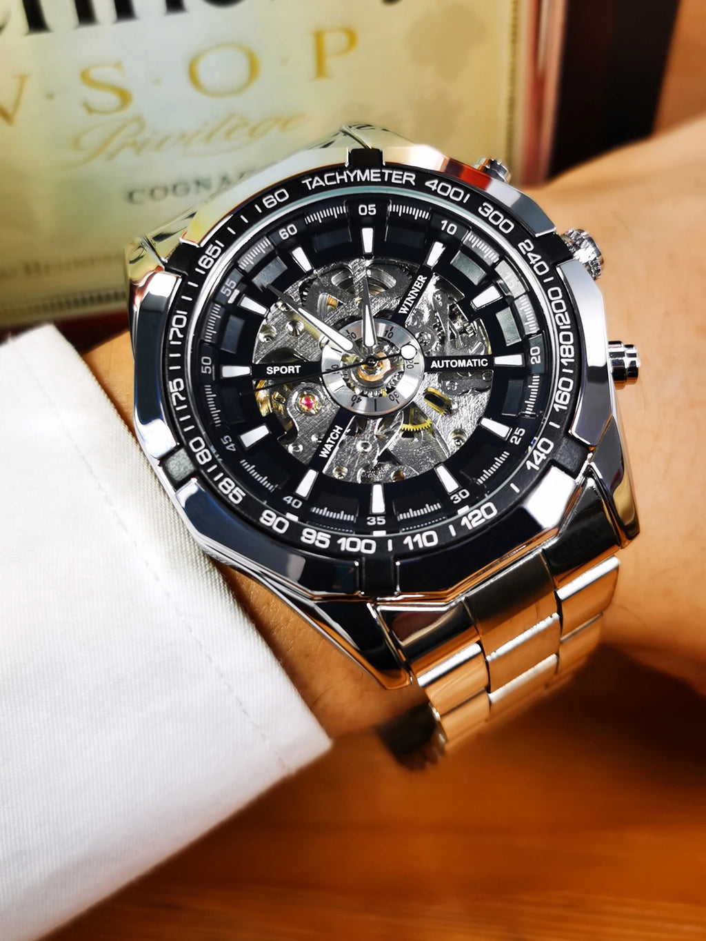 WINNER Classic Skeleton Watch for Men Luminous Hands Mechanical Watches Stainless Steel Strap Luxury Brand Forsining Wristwatch