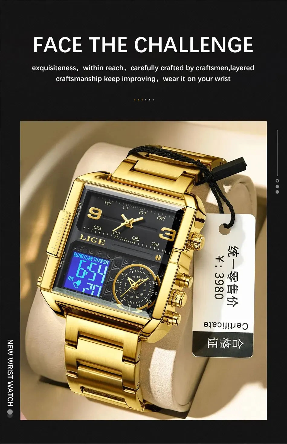 LIGE Luxury Original Men Sports Wrist Watch Gold Quartz Steel Waterproof Dual Display Clock Watches For Men Relogio Masculino