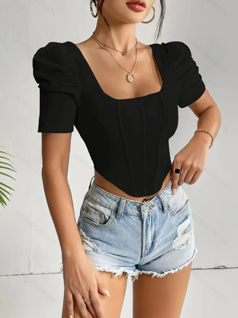 Fashion Women's Square Neck Puff Sleeve Corset-Style Crop Top, Slim Fit Short-Sleeve T-Shirt