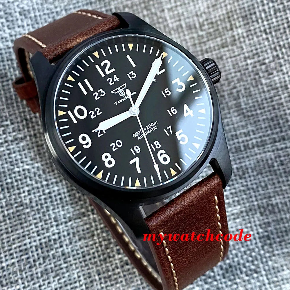 Tandorio Black PVD NH35A PT5000 39mm Pilot Automatic Men Watches 200m Waterproof Sapphire Crystal Diver Clock Leather Band