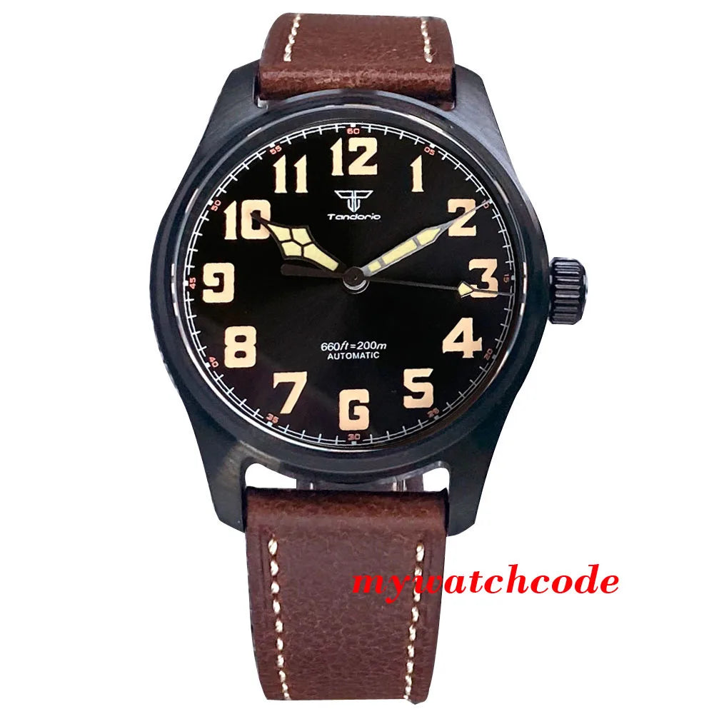 Tandorio Black PVD NH35A PT5000 39mm Pilot Automatic Men Watches 200m Waterproof Sapphire Crystal Diver Clock Leather Band