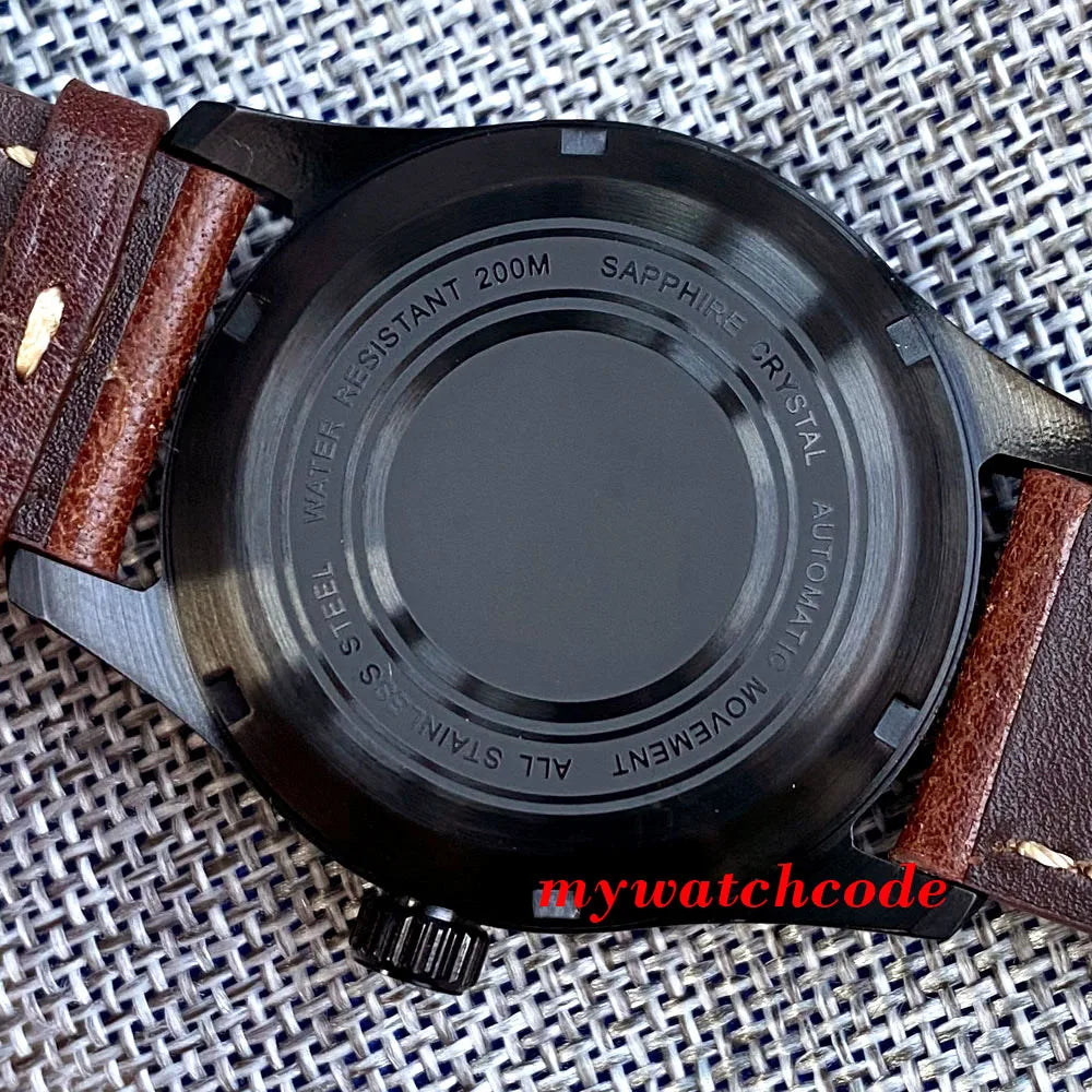 Tandorio Black PVD NH35A PT5000 39mm Pilot Automatic Men Watches 200m Waterproof Sapphire Crystal Diver Clock Leather Band
