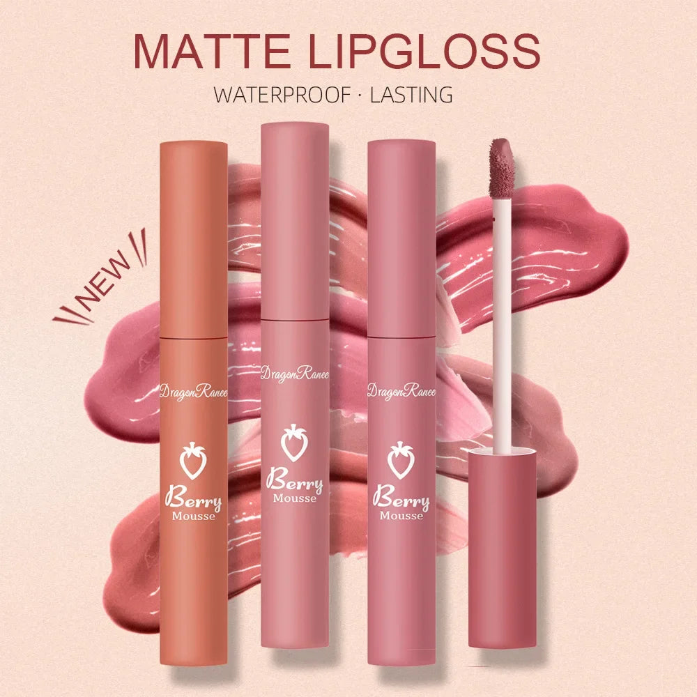 Liquid Lipstick Matte Strawberry Lip Gloss Cosmetic Waterproof Lip Glaze Non-stick Cup Long Lasting Lip Tint 12 Color Lip Makeup