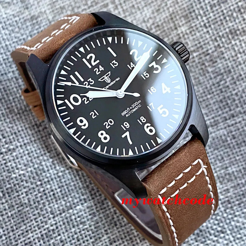 Tandorio Black PVD NH35A PT5000 39mm Pilot Automatic Men Watches 200m Waterproof Sapphire Crystal Diver Clock Leather Band