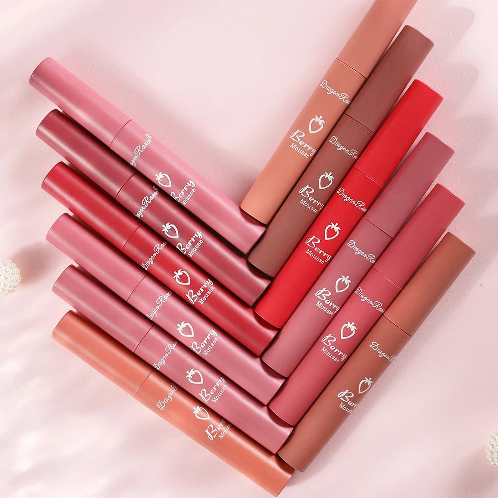 Liquid Lipstick Matte Strawberry Lip Gloss Cosmetic Waterproof Lip Glaze Non-stick Cup Long Lasting Lip Tint 12 Color Lip Makeup