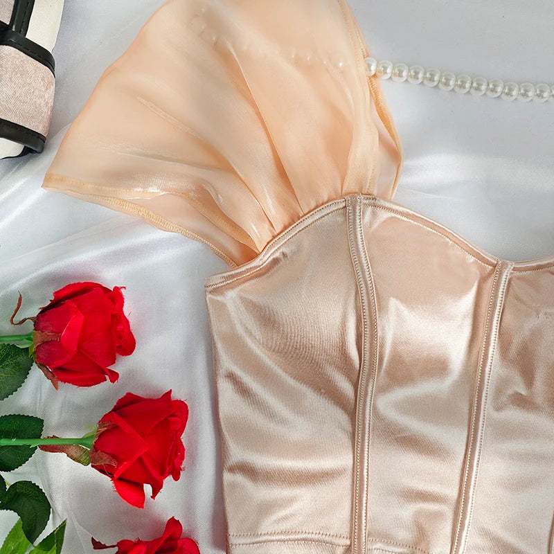 Trendy 2025 Women Short Sleeve Corset Elegant Chic Fashion Crop Top 2000s Korean Popular Clothes Y2k Aesthetic Female Tank Top