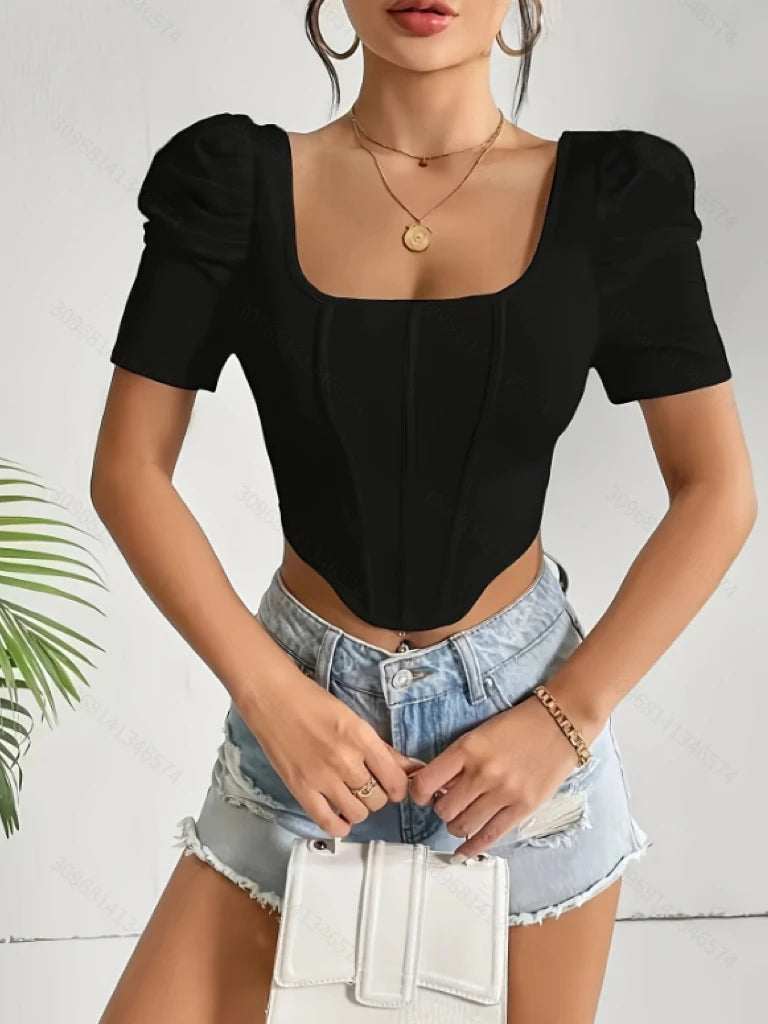 Fashion Women's Square Neck Puff Sleeve Corset-Style Crop Top, Slim Fit Short-Sleeve T-Shirt