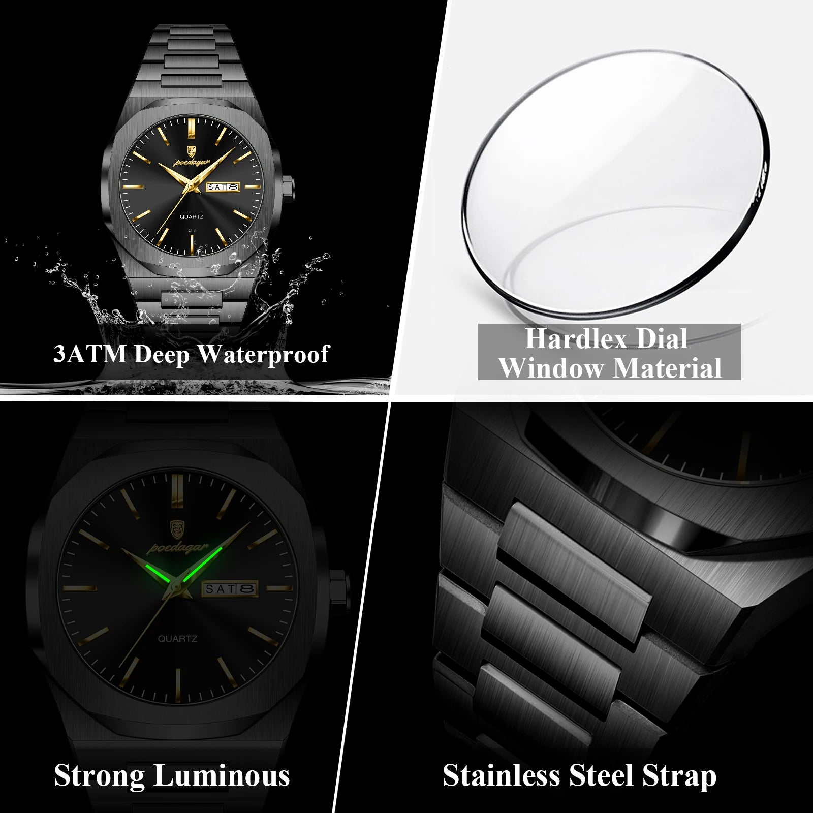 POEDAGAR Brand Fashion Male Watch Waterproof Luminous Stainless Steel Watches For Men Date Week Quartz Casual Men's Clock Reloj