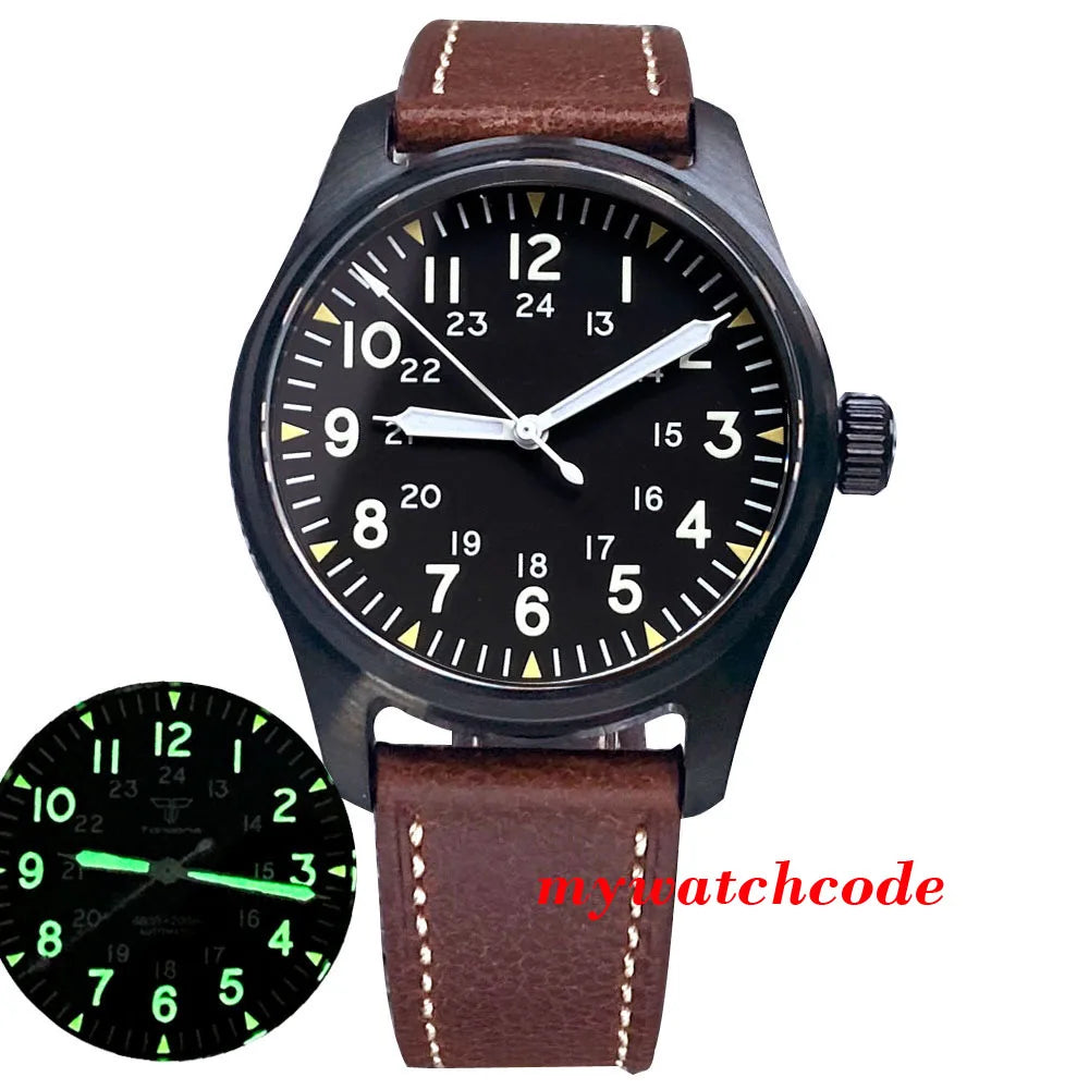 Tandorio Black PVD NH35A PT5000 39mm Pilot Automatic Men Watches 200m Waterproof Sapphire Crystal Diver Clock Leather Band