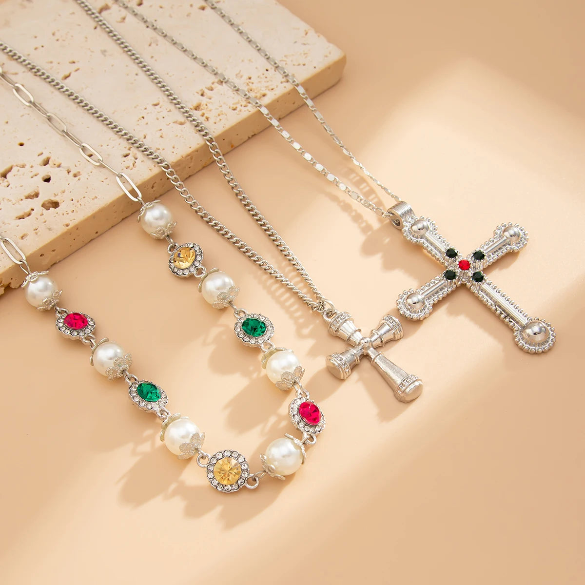 Ingemark 3Pcs/Set Colorful Acrylic Rhinestone Jesus Cross Pendant Necklace Men 2025 New Creative Hip Hop Unisex Y2K Jewelry Gift