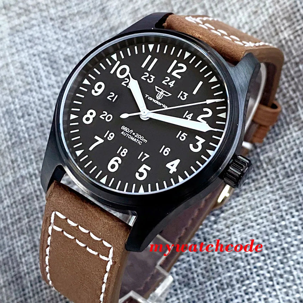 Tandorio Black PVD NH35A PT5000 39mm Pilot Automatic Men Watches 200m Waterproof Sapphire Crystal Diver Clock Leather Band
