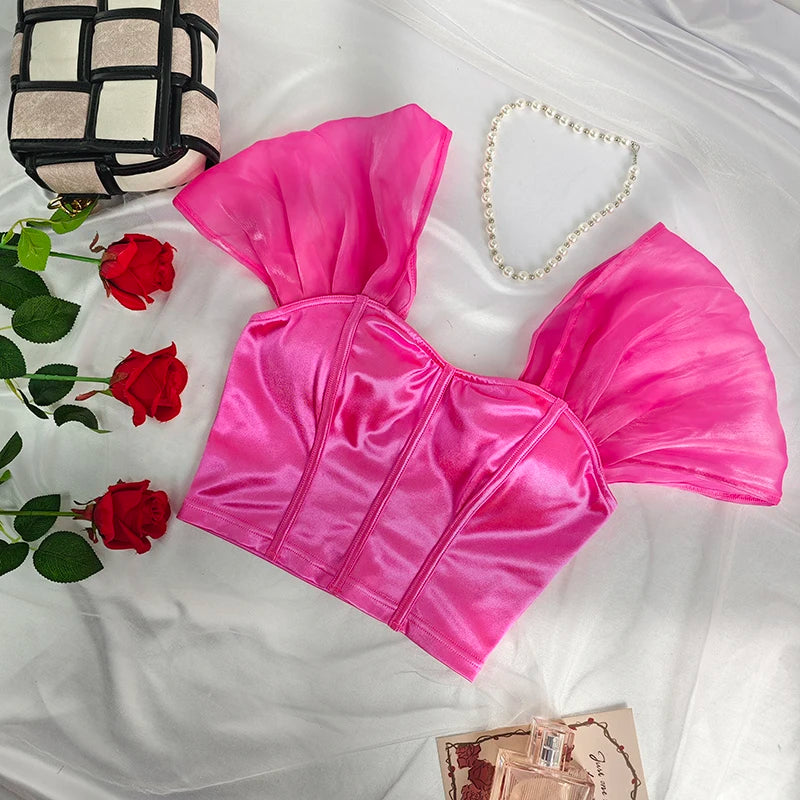 Trendy 2025 Women Short Sleeve Corset Elegant Chic Fashion Crop Top 2000s Korean Popular Clothes Y2k Aesthetic Female Tank Top