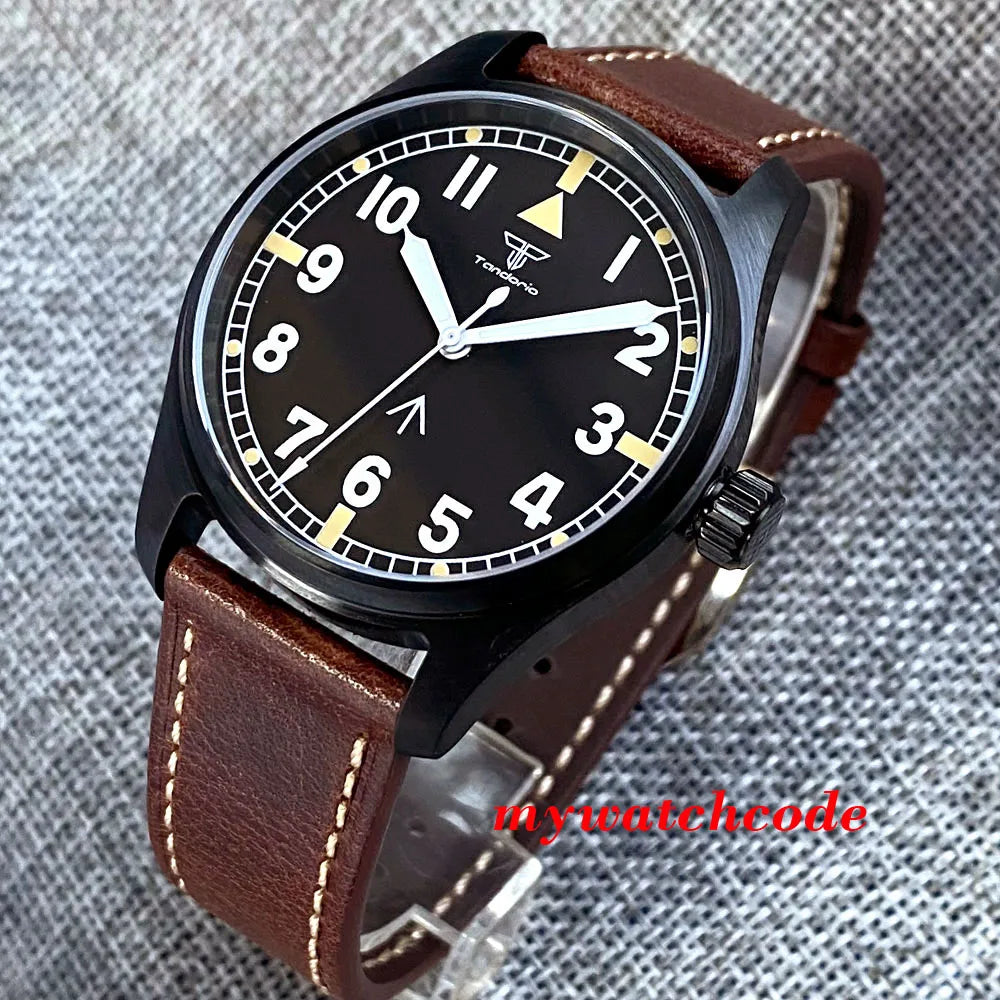 Tandorio Black PVD NH35A PT5000 39mm Pilot Automatic Men Watches 200m Waterproof Sapphire Crystal Diver Clock Leather Band