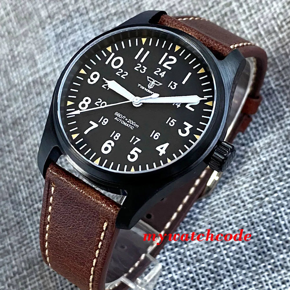 Tandorio Black PVD NH35A PT5000 39mm Pilot Automatic Men Watches 200m Waterproof Sapphire Crystal Diver Clock Leather Band