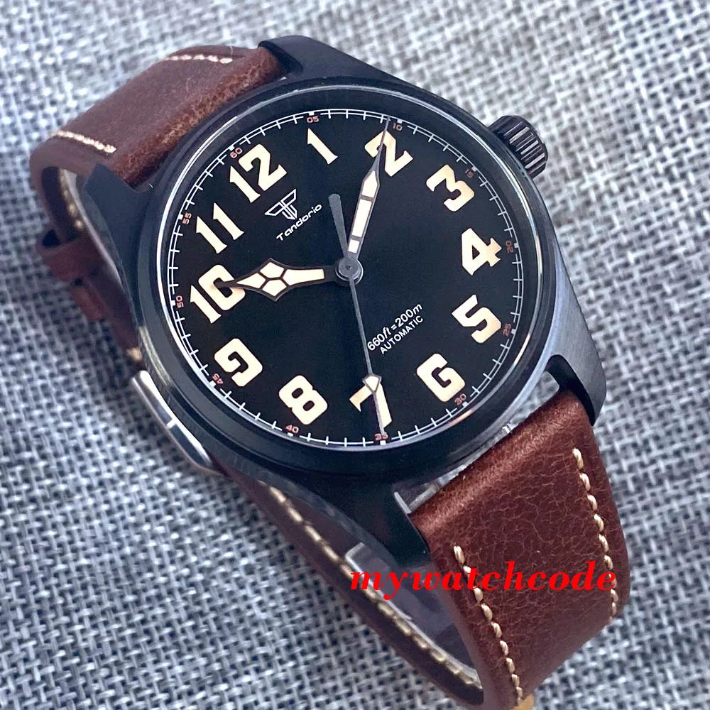 Tandorio Black PVD NH35A PT5000 39mm Pilot Automatic Men Watches 200m Waterproof Sapphire Crystal Diver Clock Leather Band