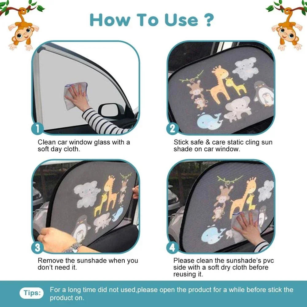 2Pcs Cartoon Car Side Window Sunshade Electrostatic Adsorption Black