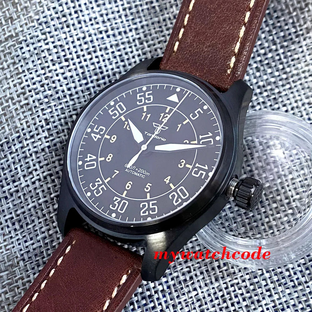 Tandorio Black PVD NH35A PT5000 39mm Pilot Automatic Men Watches 200m Waterproof Sapphire Crystal Diver Clock Leather Band