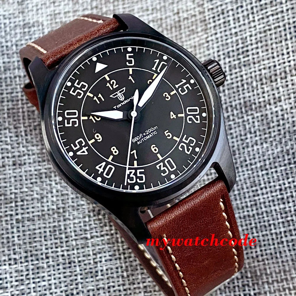 Tandorio Black PVD NH35A PT5000 39mm Pilot Automatic Men Watches 200m Waterproof Sapphire Crystal Diver Clock Leather Band