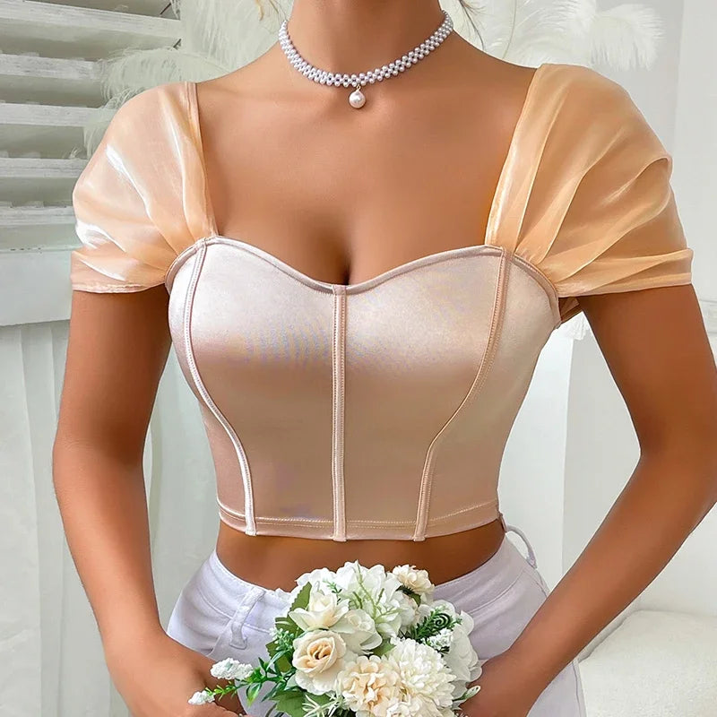 Trendy 2025 Women Short Sleeve Corset Elegant Chic Fashion Crop Top 2000s Korean Popular Clothes Y2k Aesthetic Female Tank Top